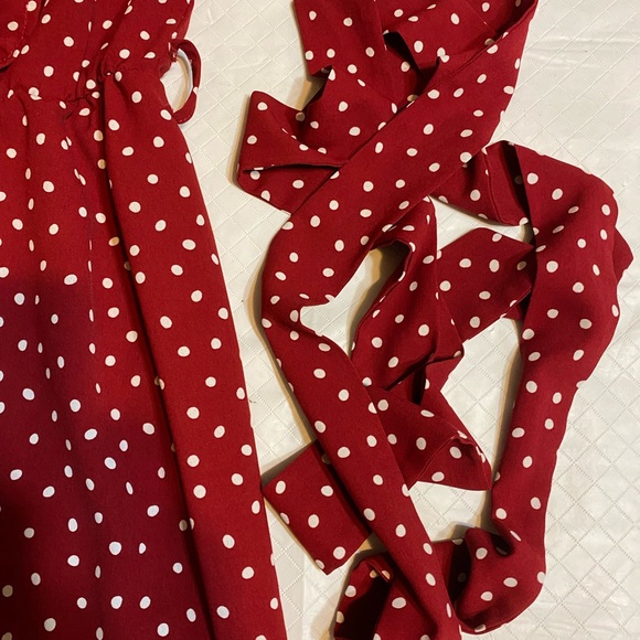 BloomChic Red Polka Dot Ruffle Midi Dress - Picture 6 of 7